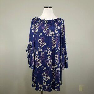 New LILDY Blue Floral Tie Sleeve Tunic Top Size 2XL/3XL Womens Boho Swing Blouse